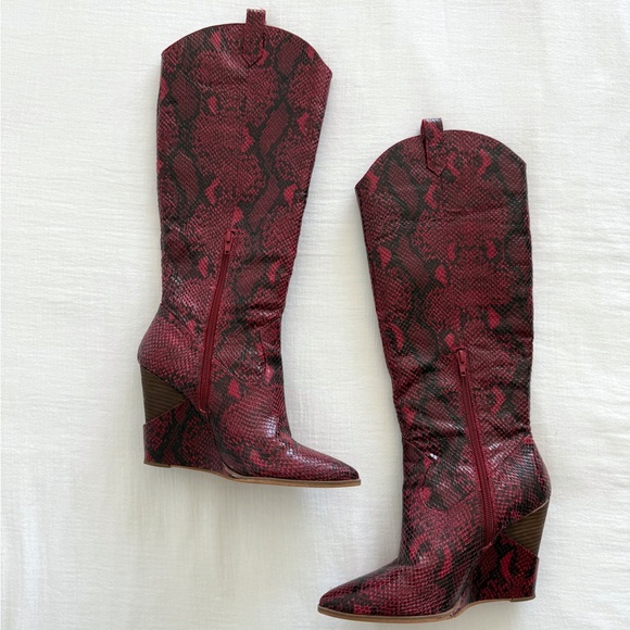 Jessica Simpson Red Snakeskin Knee High Wedge Boots - Picture 2 of 10
